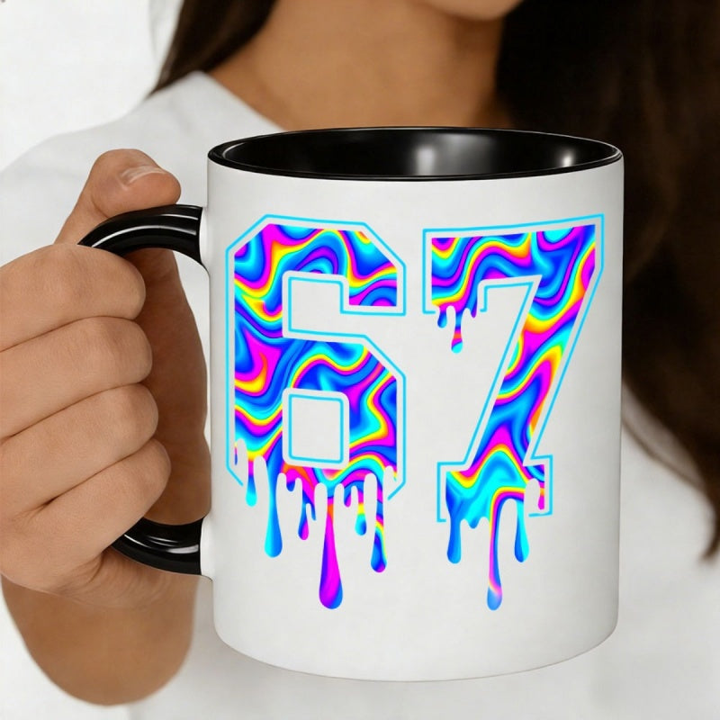 Tailorly Black Accent 11 oz Mug - neon 67 number print psychedelic swirl drip design