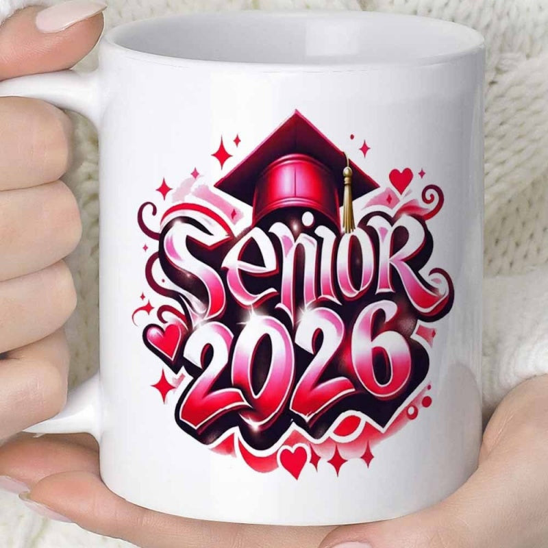 Tailorly White Ceramic 11 oz Mug - Senior 2026 Red Mortarboard Among Sparkling Pink Hearts And Stylized Artistic Swirls Cap