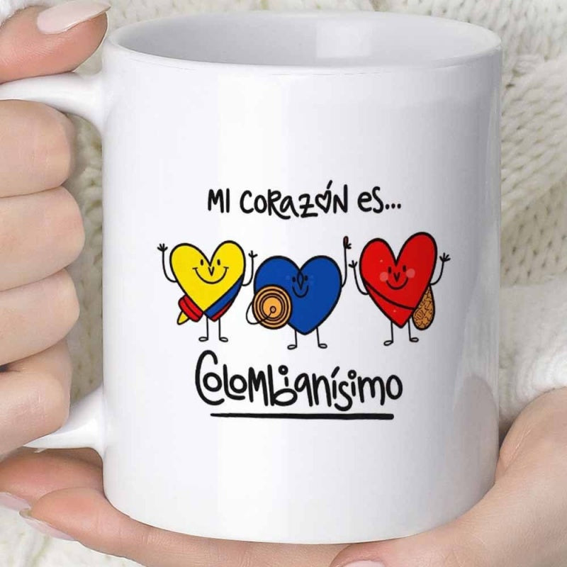 Tailorly White Ceramic 11 oz Mug - Three Cute Cartoon Hearts With Colombian Flag Colors Holding Coffee Instruments Heart