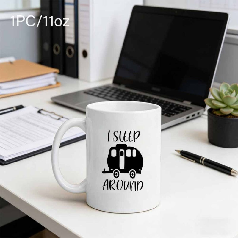Tailorly White Ceramic 11 oz Mug - I Sleep Around Minimalist Black Silhouette Of A Vintage Travel Trailer Camper