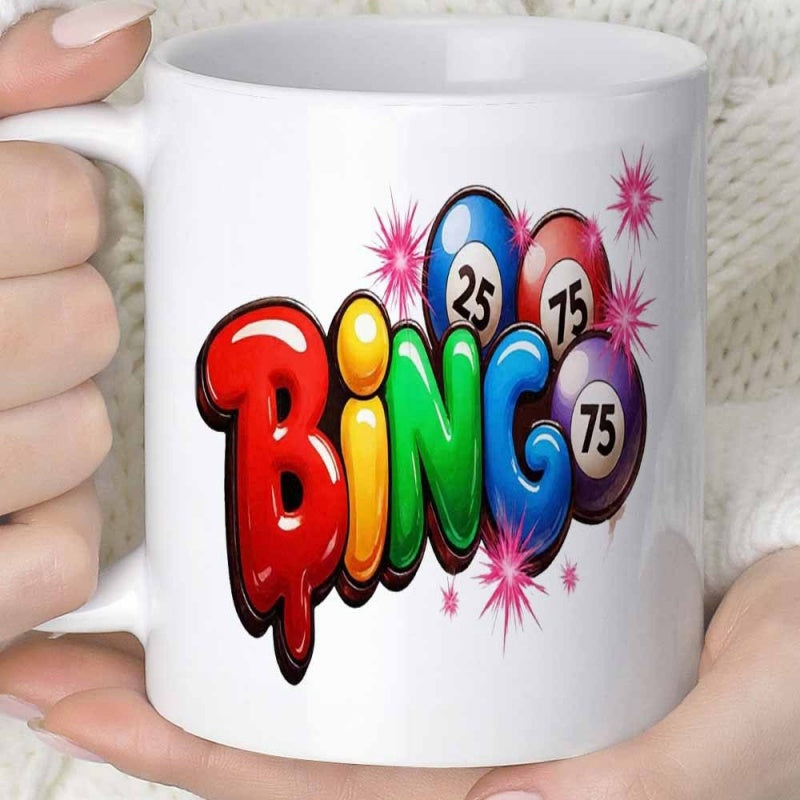 Tailorly White Ceramic 11 oz Mug - Bingo Vibrant Glossy Bubble Font With Numbered Balls And Pink Sparkles Mug