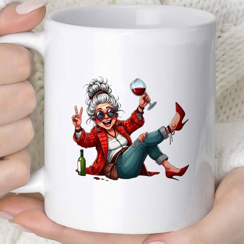 Tailorly White Ceramic 11 oz Mug - Fashionable Elderly Lady Sipping Red Wine While Posing With Peace Sign Woman