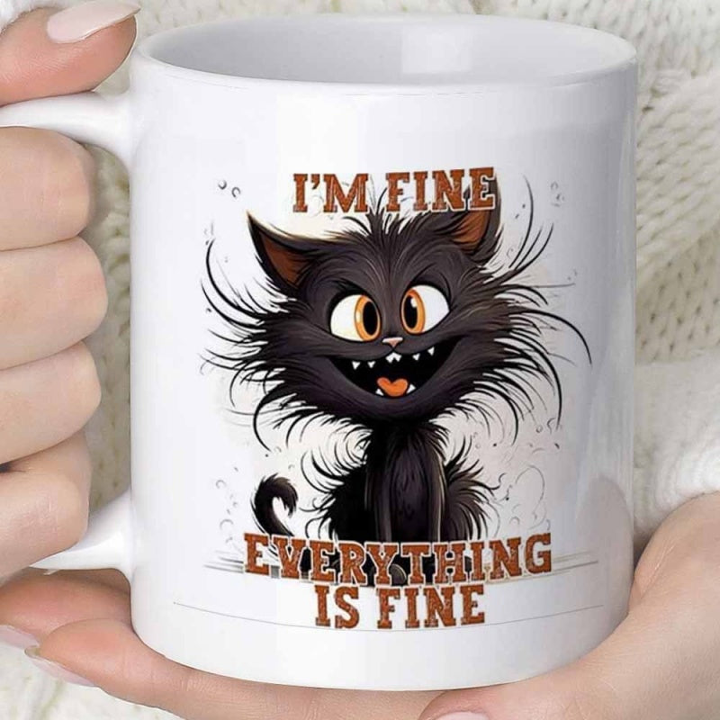 Tailorly White Ceramic 11 oz Mug - Im Fine Everything Is Fine Scruffy Messy Black Fur With Wide Eyes And Chaotic Grin Cat