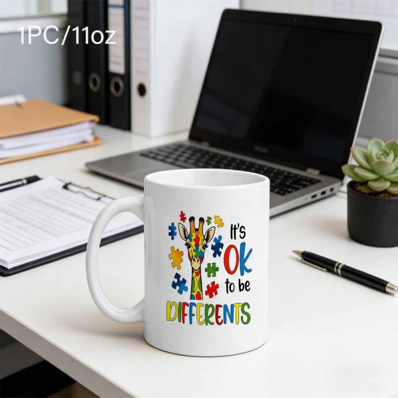 Tailorly White Ceramic 11 oz Mug - Its OK To Be Different Colorful Puzzle Pattern Head With Vibrant Autism Awareness Style Giraffe