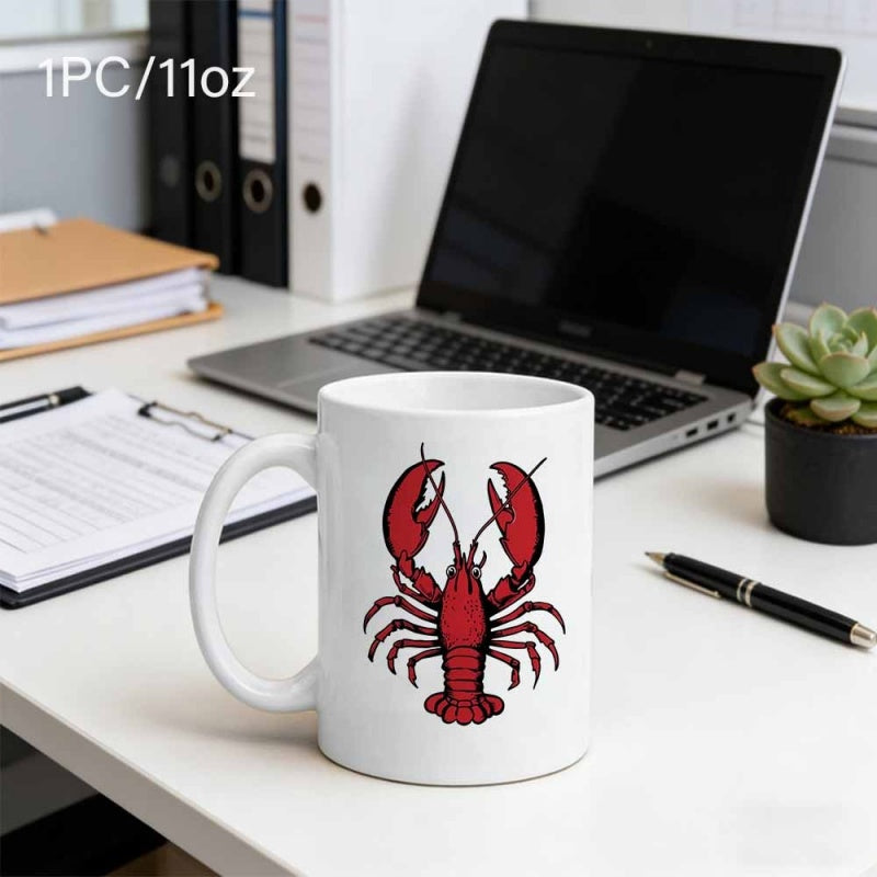 Tailorly White Ceramic 11 oz Mug - Vibrant Red Marine Creature With Large Claws Swimming On White Surface Lobster