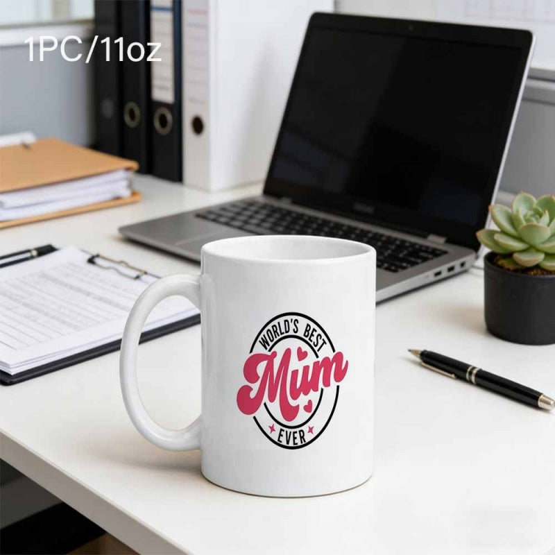 Tailorly White Ceramic 11 oz Mug - Worlds Best Mum Ever Minimalist White Ceramic Vessel Sitting On Professional Office Desktop Workspace Mug