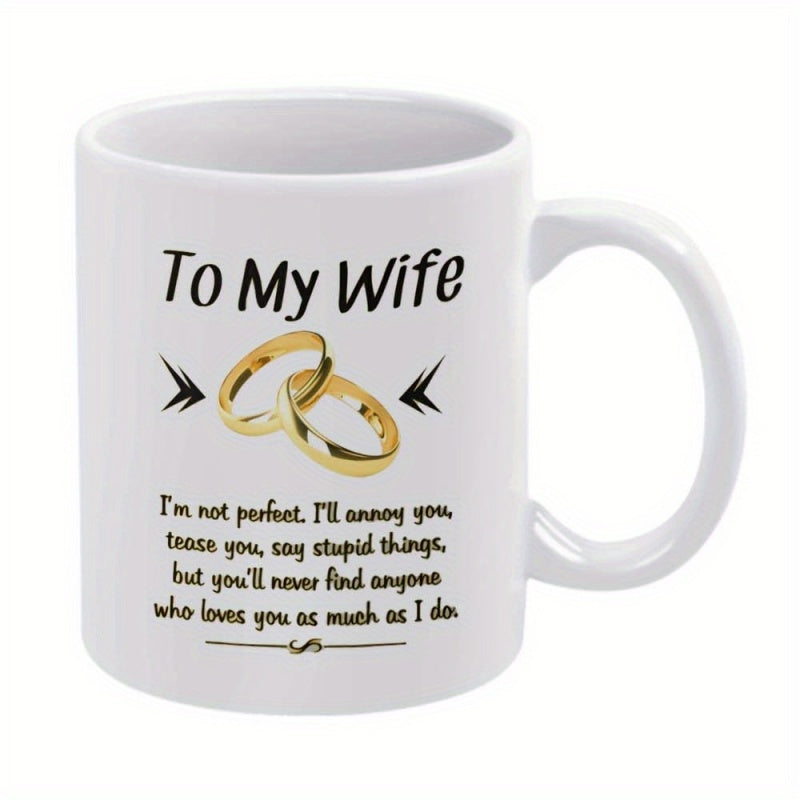 Tailorly White Ceramic 11 oz Mug - To My Wife Two Golden Intertwined Wedding Bands Symbols Of Eternal Romantic Commitment Rings