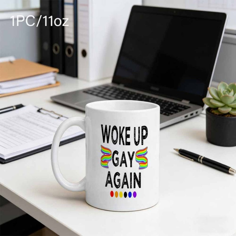 Tailorly White Ceramic 11 oz Mug - Woke Up Gay Again Rainbow Wings And Colorful Dots Adorning A Simple Ceramic Drinking Mug