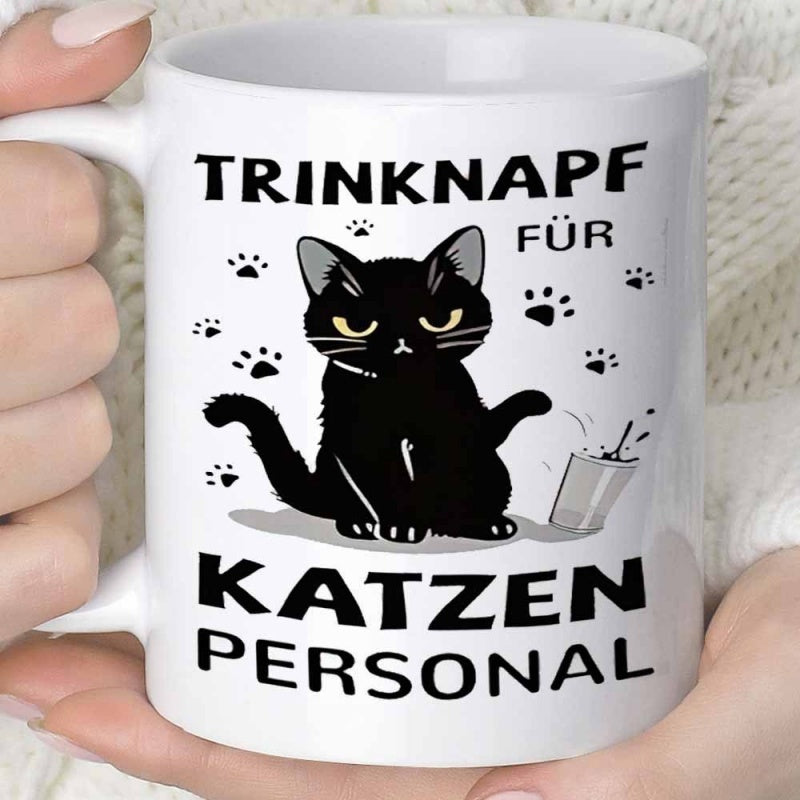 Tailorly White Ceramic 11 oz Mug - Grumpy Black Feline Surrounded By Tiny Paw Prints With Spilled Cup Cat