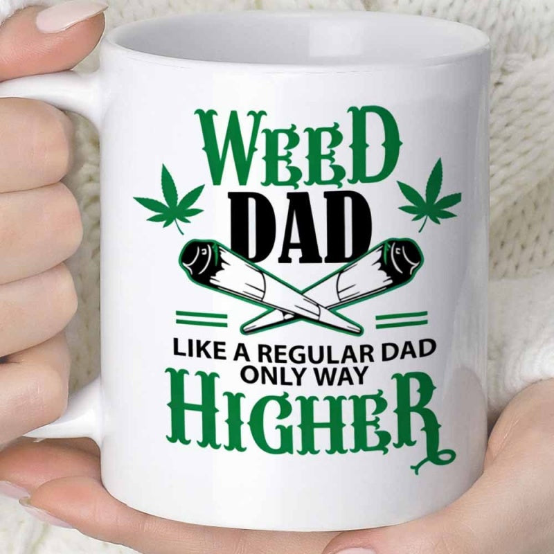 Tailorly White Ceramic 11 oz Mug - Weed Dad Like A Regular Dad Only Way Higher Crossed Hand Rolled Joints Between Green Marijuana Leaves Symmetric Design Mug