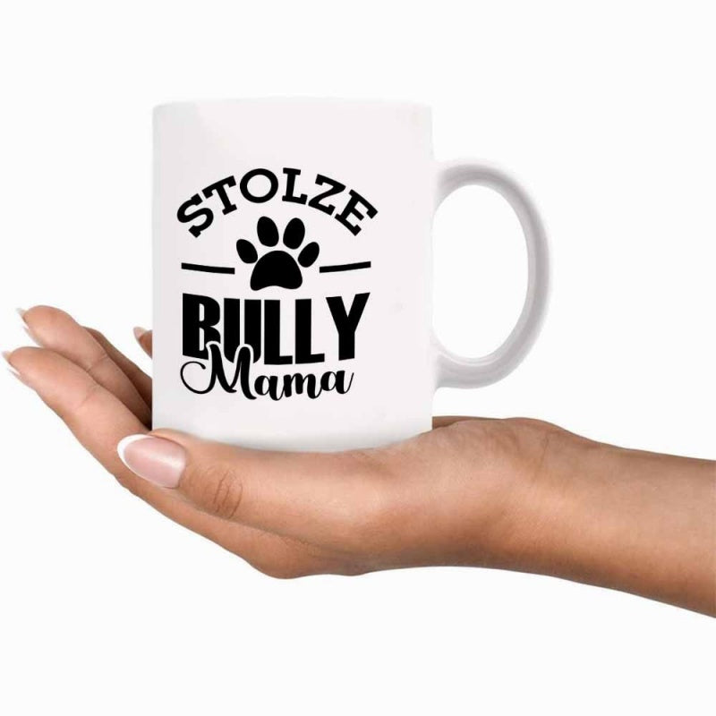 Tailorly White Ceramic 11 oz Mug - Bully Mama Minimalist Black Ink Dog Paw Print Featuring Bold Artistic Lettering Dog Paw