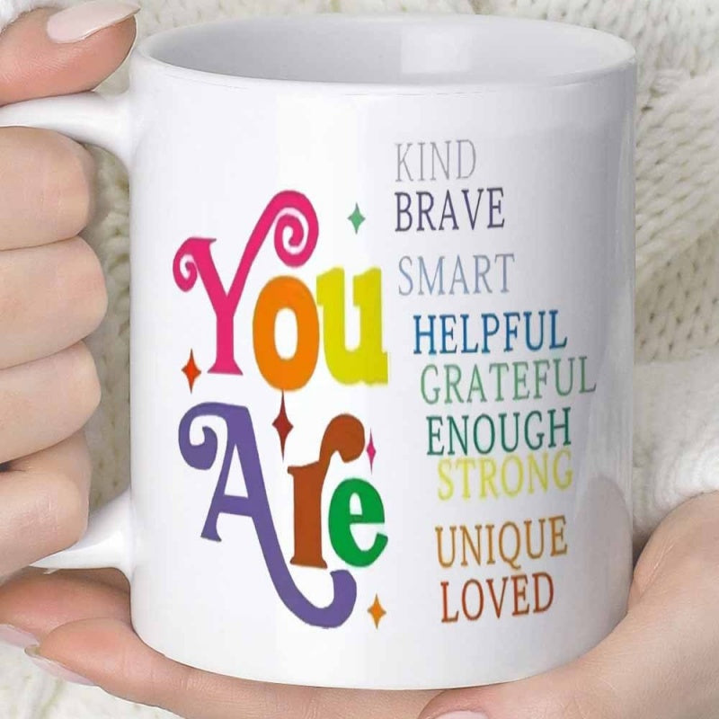 Tailorly White Ceramic 11 oz Mug - You Are Kind Brave Smart Helpful Grateful Enough Strong Unique Loved Minimalist Colorful Stars Twinkling Beside Uplifting