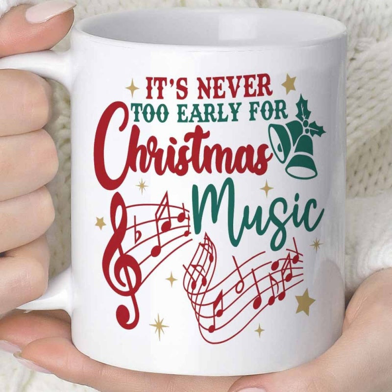 Tailorly White Ceramic 11 oz Mug - Its Never Too Early For Christmas Music Festive Christmas Bells With Musical Notes And Golden Sparkles Mug