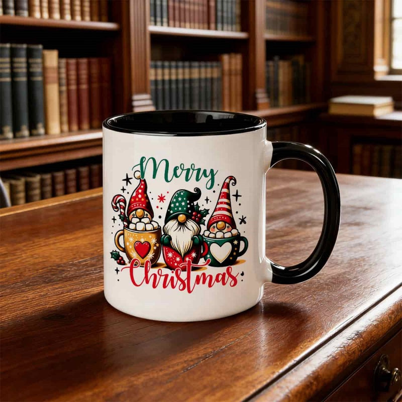 Tailorly Black Accent 11 oz Mug - merry christmas gnome with red green hats