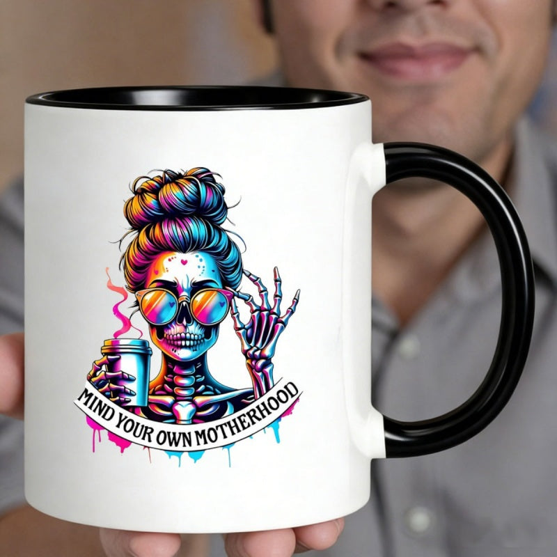 Tailorly Black Accent 11 oz Mug - 1pc neon sugar skull mug gothic edgy ceramic cup with neon sugar skull mind your own quote suitable for birthdays