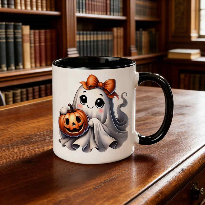 Tailorly Black Accent 11 oz Mug - adorable character with orange bow holding pumpkin lantern