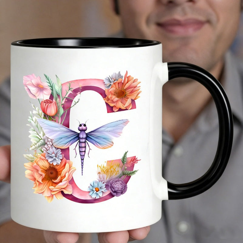 Tailorly Black Accent 11 oz Mug - floral and dragonfly pattern