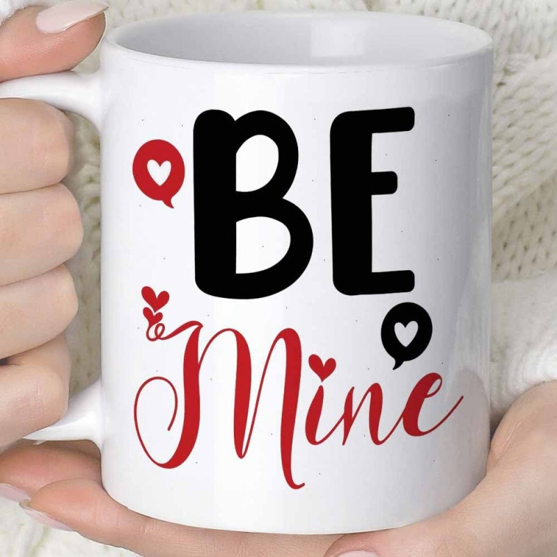 Tailorly White Ceramic 11 oz Mug - Be Mine Elegant Script Lettering Surrounded By Minimalist Romantic Love Hearts Mug