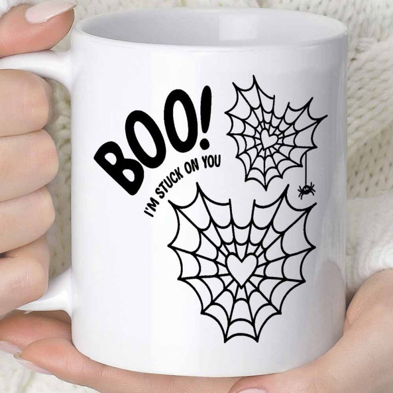 Tailorly White Ceramic 11 oz Mug - Boo Im Stuck On You Intricate Heart Shaped Webs With A Tiny Hanging Little Spider Web