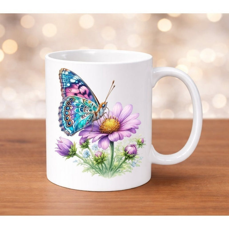 Tailorly White Ceramic 11 oz Mug - Vibrant Blue Wings Resting On A Blooming Purple Spring Flower Butterfly