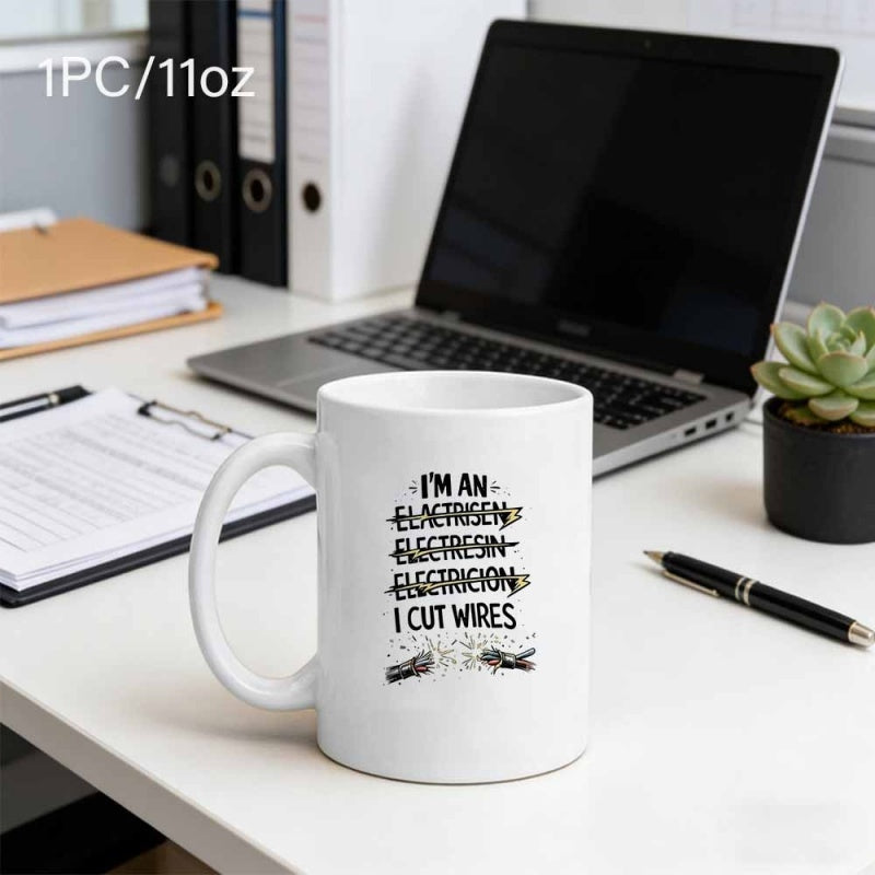 Tailorly White Ceramic 11 oz Mug - Im An Elactrisen Elegtresin Electreicn I Cut Wires Sparking Electrical Cable Ends Below Bold Misspelled Sarcastic Handwritten