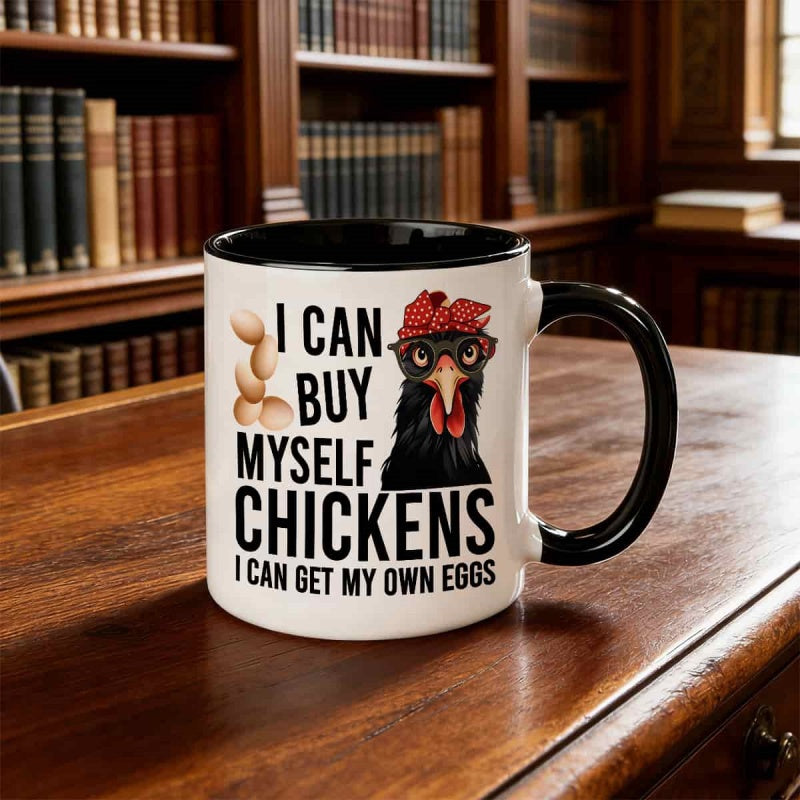 Tailorly Black Accent 11 oz Mug - chickens with rooster illustration