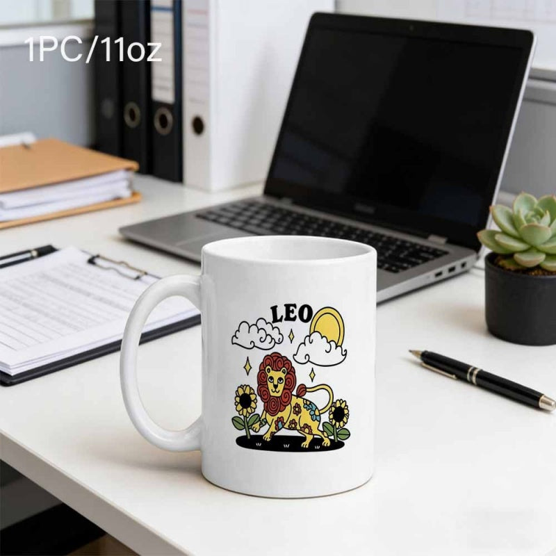 Tailorly White Ceramic 11 oz Mug - Leo Charming Cartoon Design Among Sunflowers And Clouds Under Bright Sun Lion