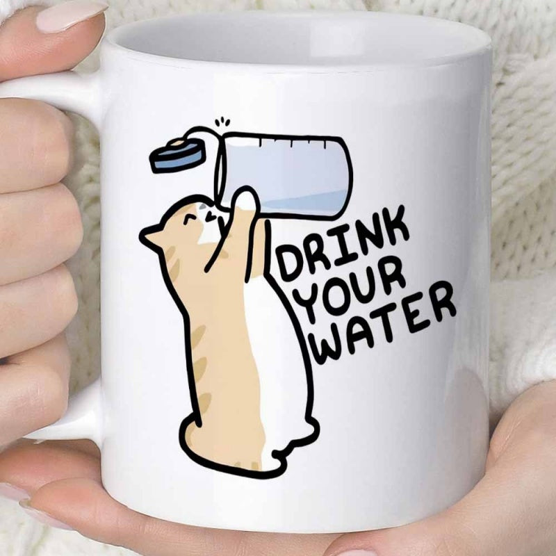 Tailorly White Ceramic 11 oz Mug - Drink Your Water Adorable Ginger Tabby Cat Drinking Water From Large Transparent Bottle Cat