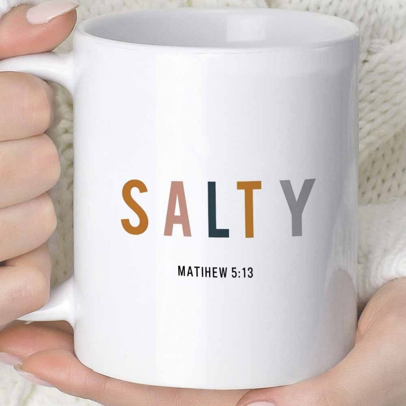 Tailorly White Ceramic 11 oz Mug - Salty Matthew 5 13 Minimalist White Ceramic Vessel Displaying Colorful Contemporary Decorative Typography Mug