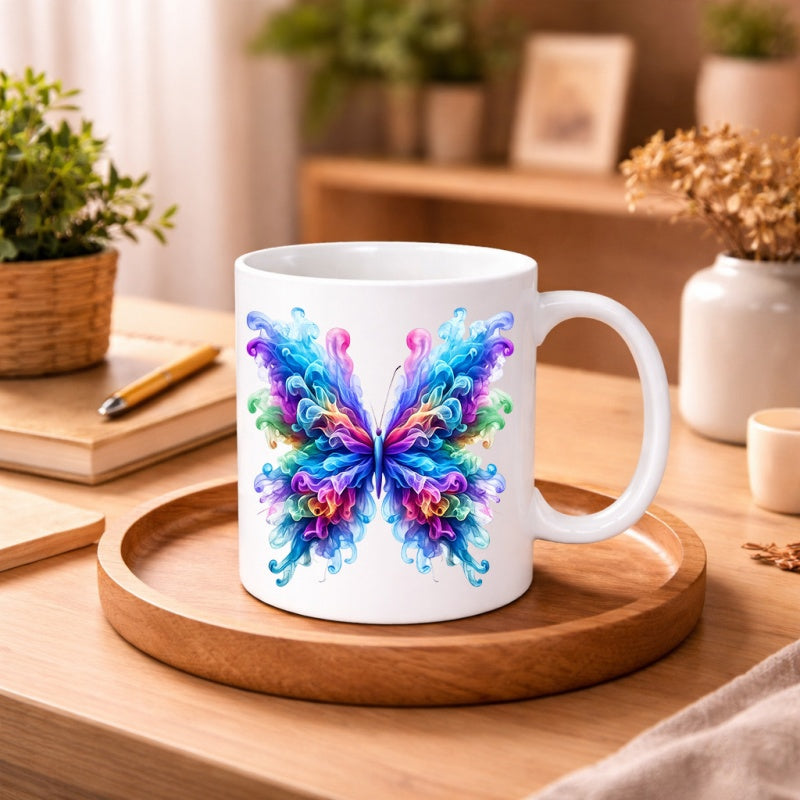 Tailorly White Ceramic 11 oz Mug - Vibrant Watercolor Ink Splash Design Floating In Elegant Symmetrical Style Butterfly