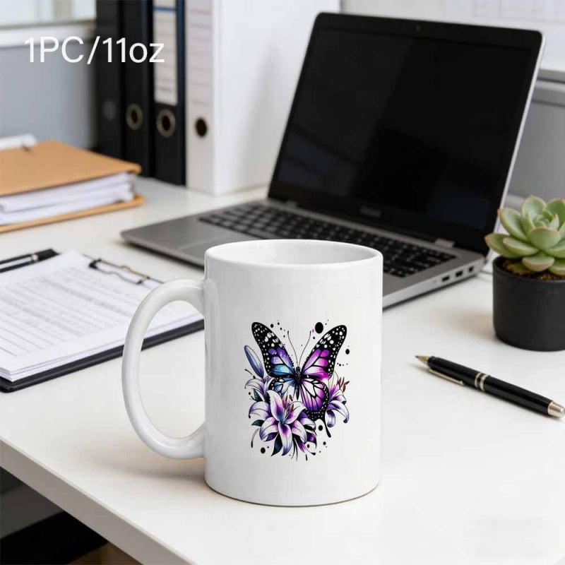 Tailorly White Ceramic 11 oz Mug - Elegant Purple Wings Resting Upon Beautiful Blooming Spring White Lily Butterfly