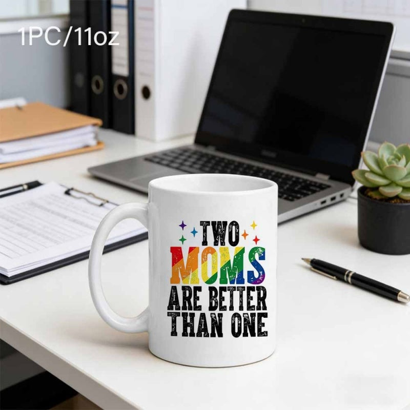 Tailorly White Ceramic 11 oz Mug - Two Moms Are Better Than One Minimalist White Ceramic Base Featuring Rainbow Text And Small Stars Mug