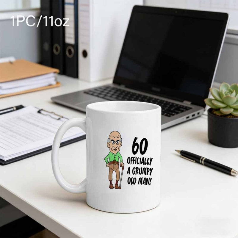 Tailorly White Ceramic 11 oz Mug - Officially A Grumpy Old Man Grumpy Bald Elderly Person Holding A Thin Wooden Walking Cane Man