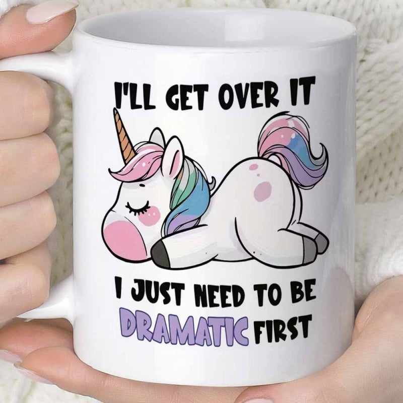Tailorly White Ceramic 11 oz Mug - I'll Get Over It I Just Need To Be Dramatic First Pastel Colored Lazy Cartoon Character Lying Flat With Rainbow Mane Unicorn