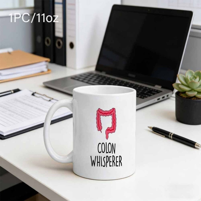 Tailorly White Ceramic 11 oz Mug - Colon Whisperer Vibrant Pink Human Large Intestine Medical Diagram Printed On Ceramic Surface Colon