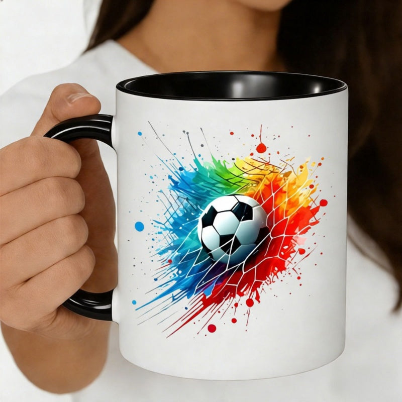 Tailorly Black Accent 11 oz Mug - soccer ball colorful paint splash pattern
