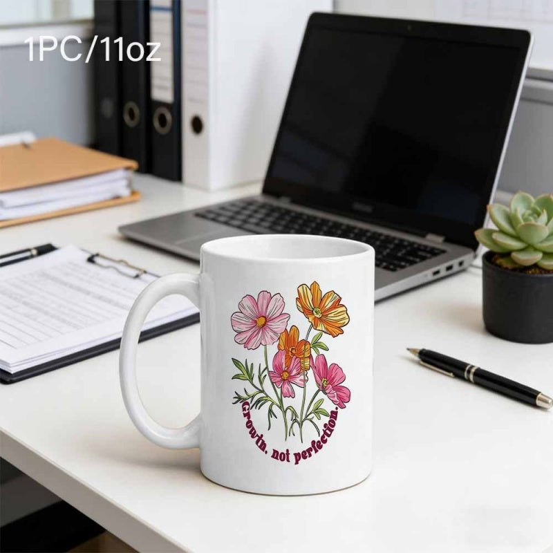 Tailorly White Ceramic 11 oz Mug - Progress Not Perfection Vibrant Colorful Wildflowers In Bloom With Delicate Green Leaves Flower