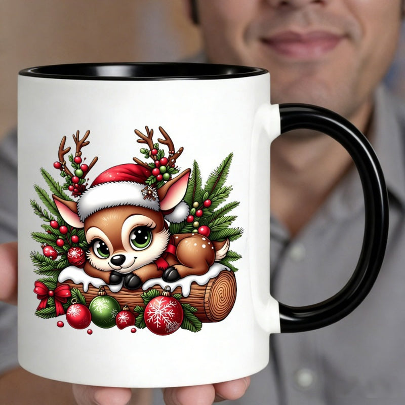 Tailorly Black Accent 11 oz Mug - christmas deer in santa hat and scarf with snowy log branches baubles