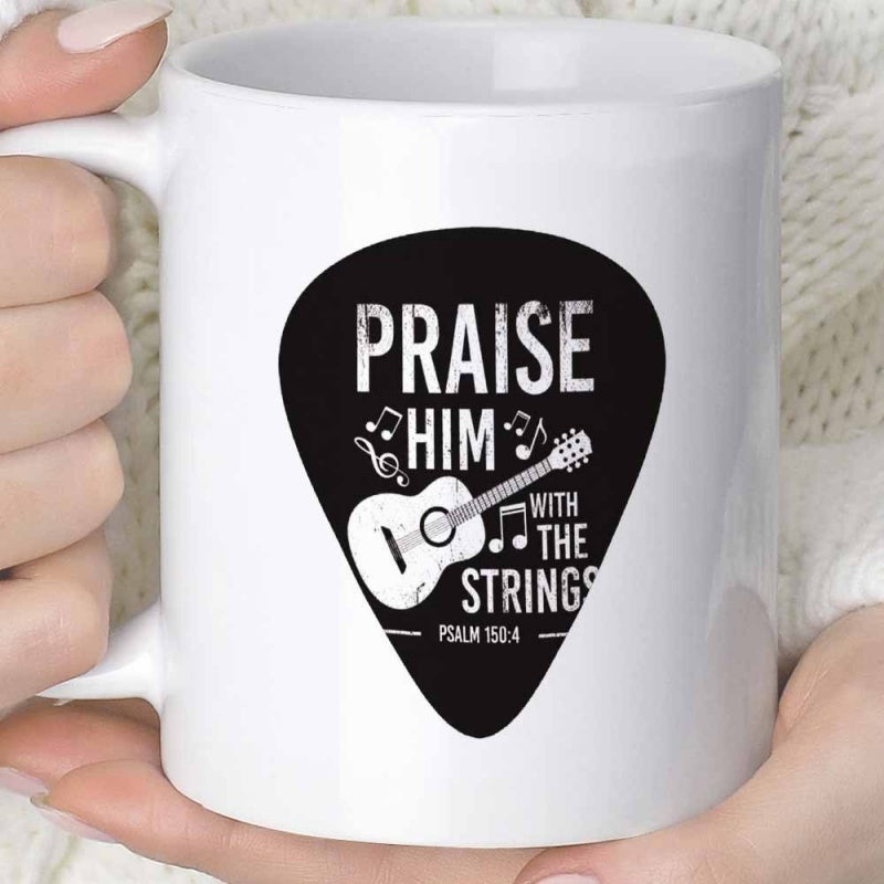 Tailorly White Ceramic 11 oz Mug - Praise Him With The Strings Psalm Distressed Black Guitar Pick Featuring Music Notes And Acoustic Guitar