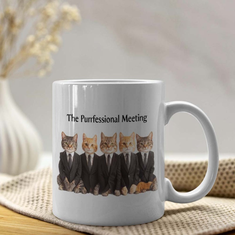 Tailorly White Ceramic 11 oz Mug - The Purrfessional Meeting Five Adorable Small Cats In Black Business Suits Sitting In A Row Cats