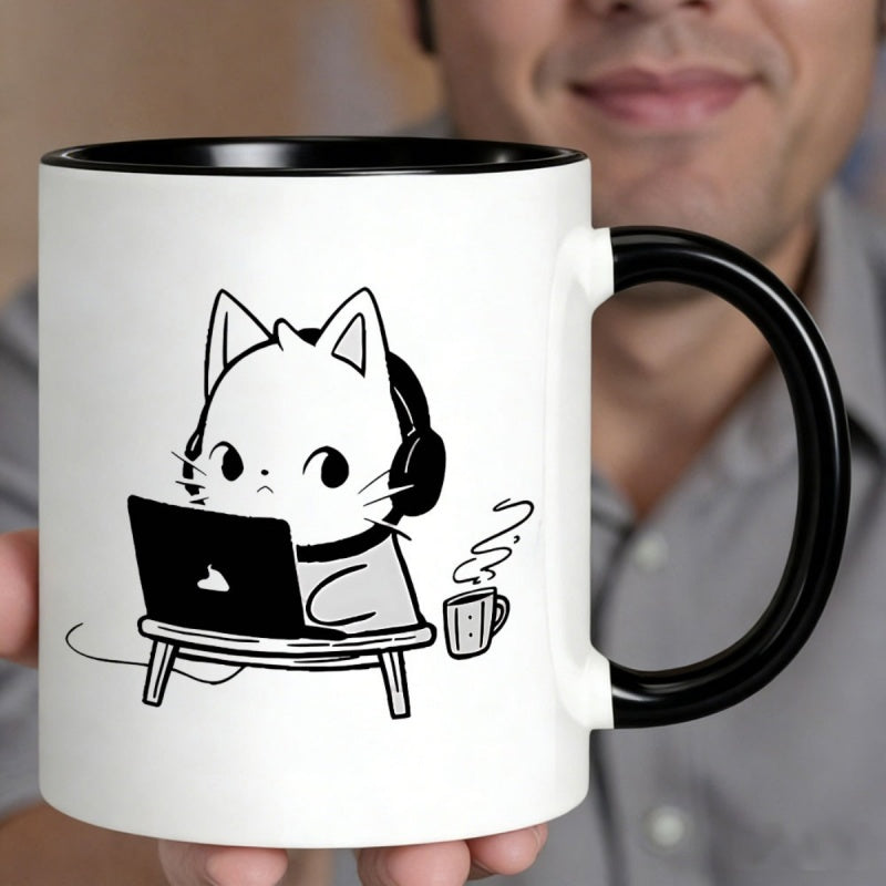 Tailorly Black Accent 11 oz Mug - black and white cartoon cat with laptop