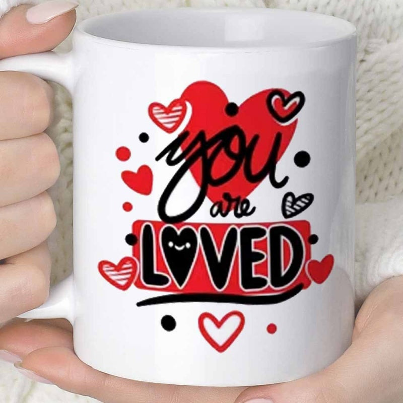 Tailorly White Ceramic 11 oz Mug - You Are Loved Vibrant Red Hearts And Artistic Dots Surrounding Inspirational Message Heart