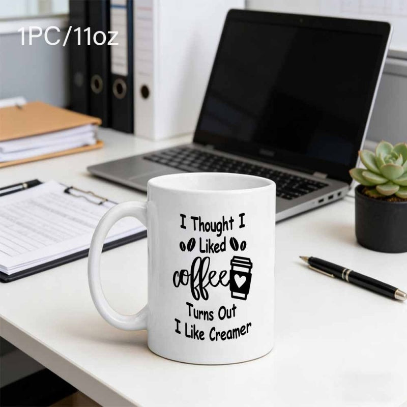 Tailorly White Ceramic 11 oz Mug - I Thought I Liked Coffee Turns Out I Like Creamer Minimalist Black Coffee Icons On A Smooth Ceramic Mug