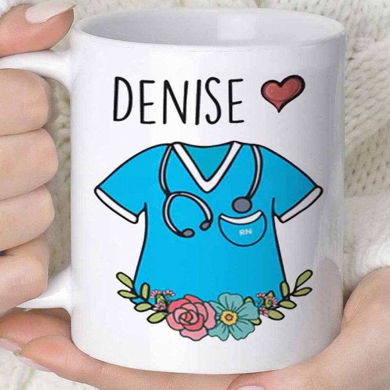 Tailorly White Ceramic 11 oz Mug - Denise RN Bright Blue Medical Nursing Uniform Featuring Floral Decoration And Stethoscope Scrub