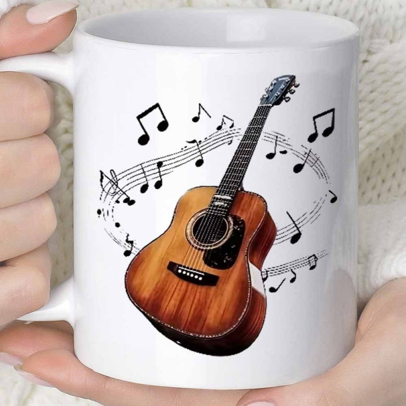 Tailorly White Ceramic 11 oz Mug - Wooden Acoustic Instrument Surrounded By Dancing Musical Notes And Staves Guitar