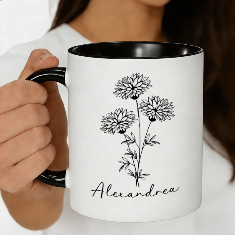 Tailorly Black Accent 11 oz Mug - black white floral with petals
