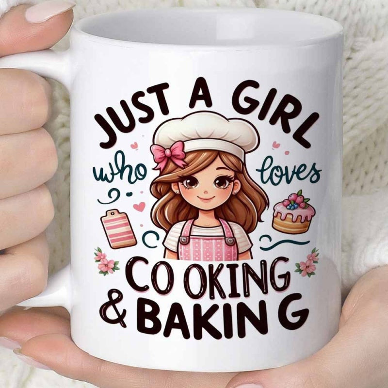 Tailorly White Ceramic 11 oz Mug - Just A Girl Who Loves Cooking Baking Adorable Cartoon Character Wearing A Chef Hat Among Sweet Cake And Hearts Girl