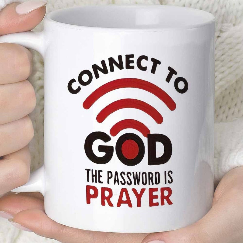 Tailorly White Ceramic 11 oz Mug - Connect To God The Password Is Prayer Red Stylized Wireless Signal Waves With Bold Modern Typography Signal Icon