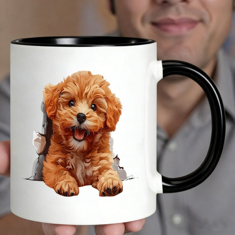 Tailorly Black Accent 11 oz Mug - fluffy brown puppy with torn paper effect
