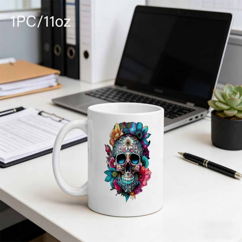 Tailorly White Ceramic 11 oz Mug - Vibrant Blooming Colorful Flowers Surrounding An Intricate Decorative Traditional Sugar Skull